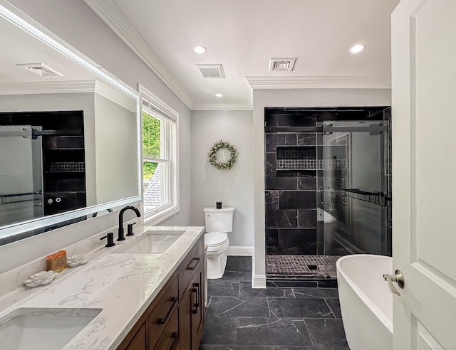 130 Wildewood Run, Bristol, CT 06010 - full bath with double vanity, ornamental molding, baseboards, a shower stall, and toilet