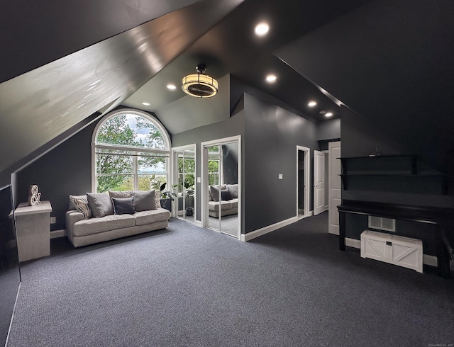 130 Wildewood Run, Bristol, CT 06010 - living area with dark carpet, lofted ceiling, baseboards, and recessed lighting