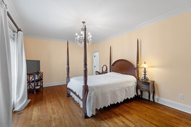 24 N Racebrook Rd, Woodbridge, CT 06525 - bedroom featuring baseboards, wood finished floors, a chandelier, and ornamental molding