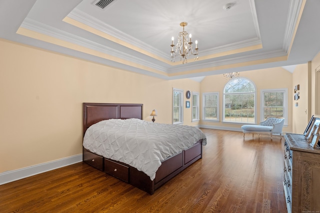 24 N Racebrook Rd, Woodbridge, CT 06525 - bedroom featuring a chandelier, a tray ceiling, wood finished floors, crown molding, and baseboards
