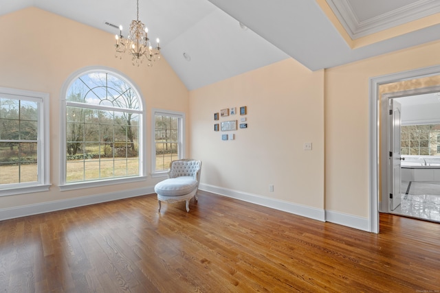 24 N Racebrook Rd, Woodbridge, CT 06525 - sitting room featuring a chandelier, wood finished floors, baseboards, and high vaulted ceiling
