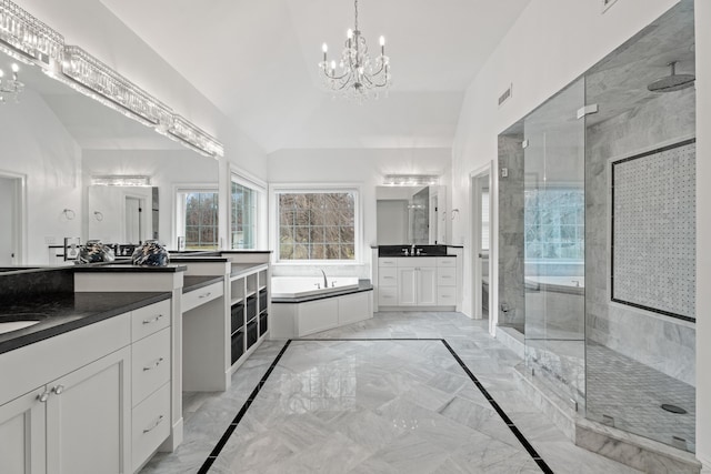 24 N Racebrook Rd, Woodbridge, CT 06525 - full bathroom featuring a chandelier, a shower stall, marble tiled floors, and a bath