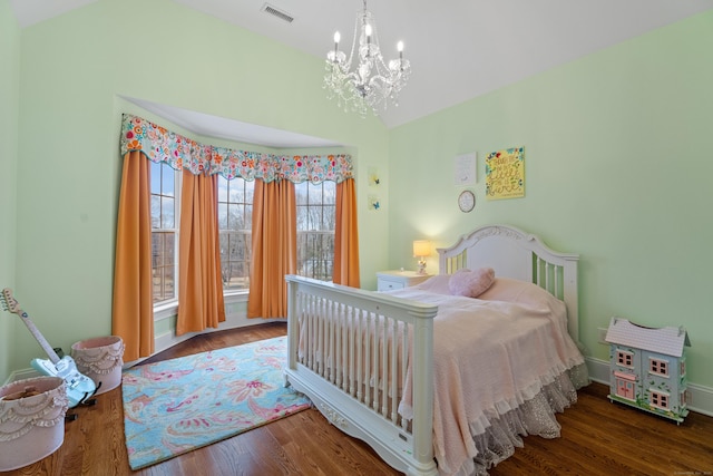 24 N Racebrook Rd, Woodbridge, CT 06525 - bedroom featuring a chandelier, wood finished floors, vaulted ceiling, and baseboards