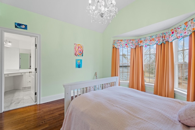 24 N Racebrook Rd, Woodbridge, CT 06525 - bedroom with baseboards, multiple windows, a chandelier, wood finished floors, and lofted ceiling