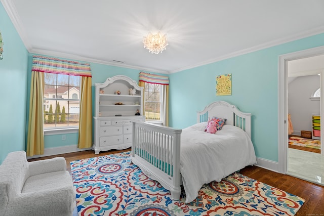 24 N Racebrook Rd, Woodbridge, CT 06525 - bedroom with ornamental molding, a chandelier, baseboards, and wood finished floors