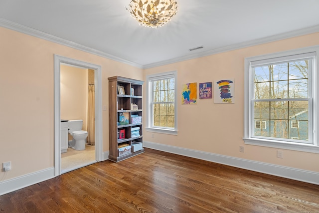 24 N Racebrook Rd, Woodbridge, CT 06525 - unfurnished bedroom featuring baseboards, dark wood-style flooring, ornamental molding, and a chandelier
