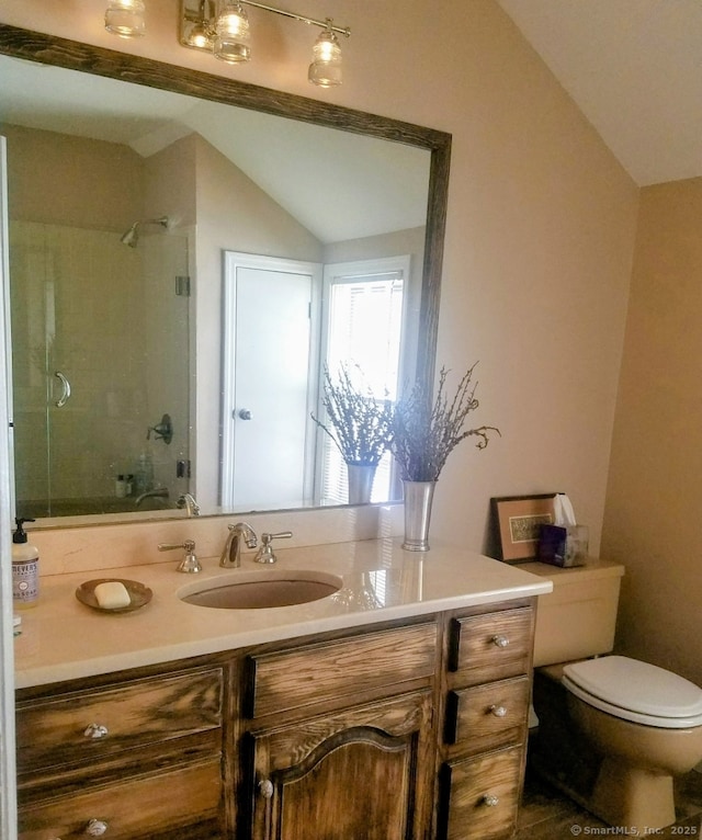 15 Packer Brook Rd, Redding, CT 06896 - bathroom featuring lofted ceiling, a shower, toilet, and vanity