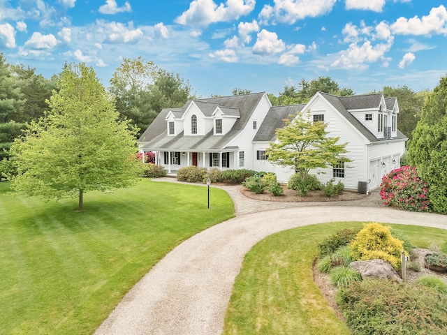 207 Great Pond Rd, Simsbury, CT 06070 - cape cod home featuring a garage, a porch, a front yard, and curved driveway