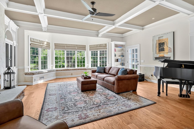 207 Great Pond Rd, Simsbury, CT 06070 - living room featuring coffered ceiling, a ceiling fan, crown molding, beamed ceiling, and wood finished floors