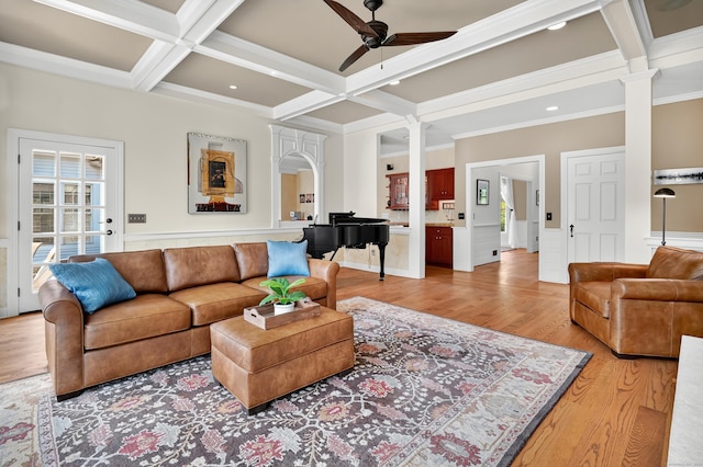207 Great Pond Rd, Simsbury, CT 06070 - living area with decorative columns, coffered ceiling, a ceiling fan, beam ceiling, and light wood-style floors