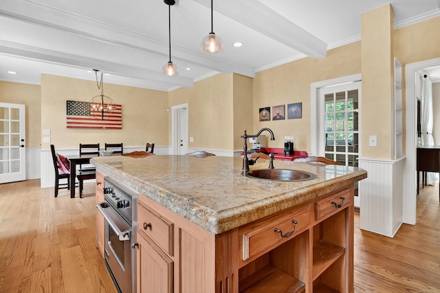 207 Great Pond Rd, Simsbury, CT 06070 - kitchen with light wood-type flooring, beamed ceiling, hanging light fixtures, stainless steel oven, and crown molding