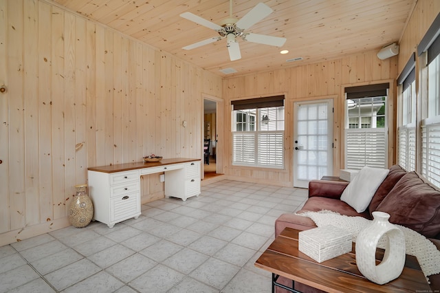207 Great Pond Rd, Simsbury, CT 06070 - home office featuring wood ceiling, wooden walls, a ceiling fan, and light tile patterned flooring