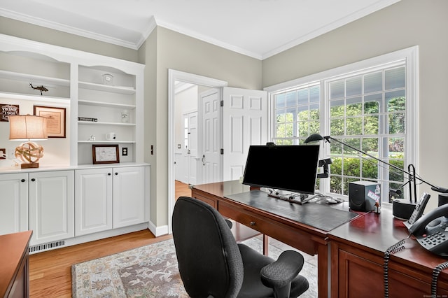 207 Great Pond Rd, Simsbury, CT 06070 - home office featuring ornamental molding, light wood-style floors, and built in shelves