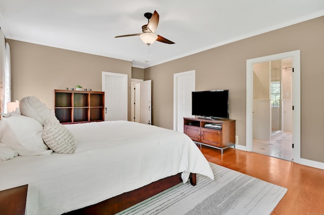 207 Great Pond Rd, Simsbury, CT 06070 - bedroom featuring wood finished floors, ornamental molding, a ceiling fan, and connected bathroom