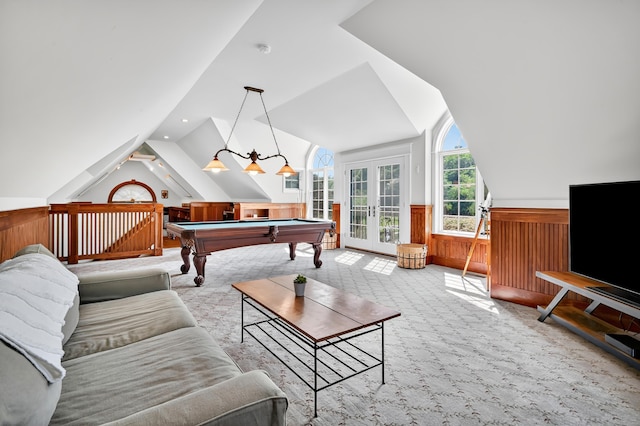 207 Great Pond Rd, Simsbury, CT 06070 - carpeted living room featuring vaulted ceiling, a wainscoted wall, billiards table, and wood walls