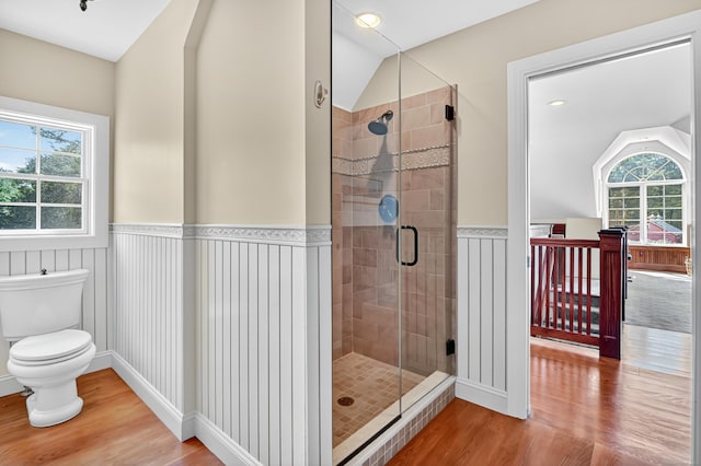 207 Great Pond Rd, Simsbury, CT 06070 - bathroom featuring vaulted ceiling, wood finished floors, a shower stall, and wainscoting