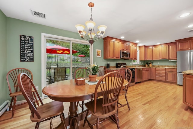 8 Brookview Ct, Bethel, CT 06801 - dining space with recessed lighting, a chandelier, light wood-type flooring, and baseboard heating