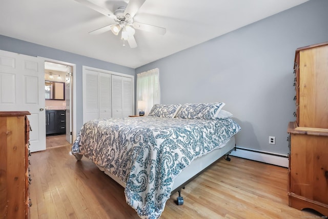 8 Brookview Ct, Bethel, CT 06801 - bedroom with a baseboard heating unit, light wood-type flooring, a closet, and a ceiling fan