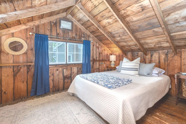 bedroom with wood ceiling, wood walls, and hardwood / wood-style floors