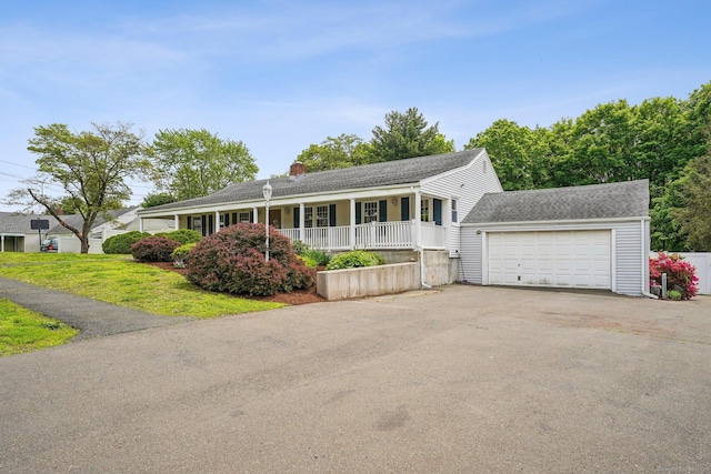 81 Edward St, Newington, CT 06111 - ranch-style house featuring driveway, a chimney, covered porch, a front lawn, and an attached garage