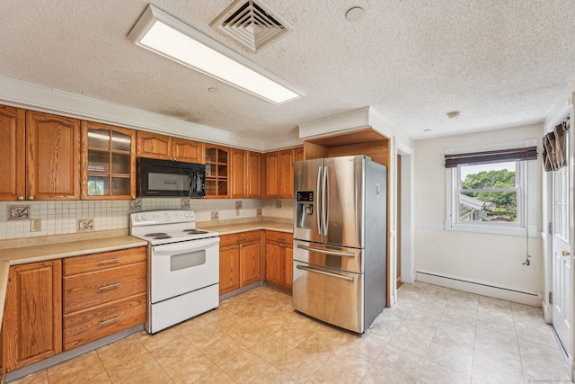 81 Edward St, Newington, CT 06111 - kitchen featuring black microwave, stainless steel fridge with ice dispenser, white range with electric cooktop, a baseboard radiator, and brown cabinetry