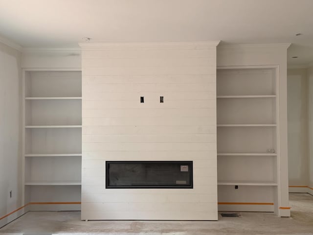 23 Melrose Dr, Cheshire, CT 06410 - unfurnished living room with crown molding and a large fireplace