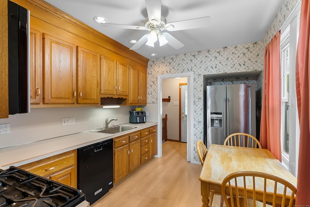 39 Woodcrest Ave, Stratford, CT 06614 - kitchen with stainless steel refrigerator with ice dispenser, wallpapered walls, dishwasher, a sink, and ceiling fan