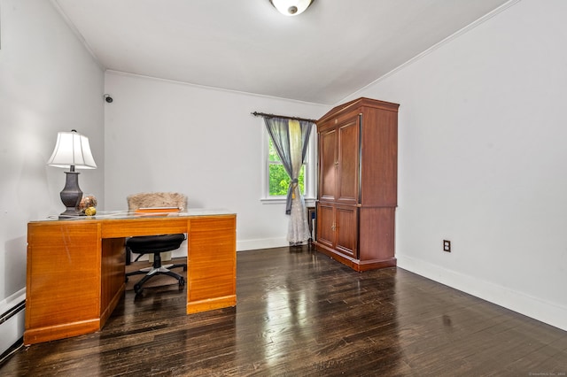 54 Swampscott Rd, Stamford, CT 06905 - office space with baseboards, dark wood finished floors, and a baseboard radiator