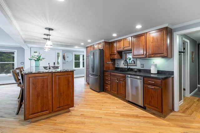 27 Pleasant Valley Rd, Barkhamsted, CT 06063 - kitchen featuring appliances with stainless steel finishes, a sink, light wood-style floors, ornamental molding, and decorative light fixtures