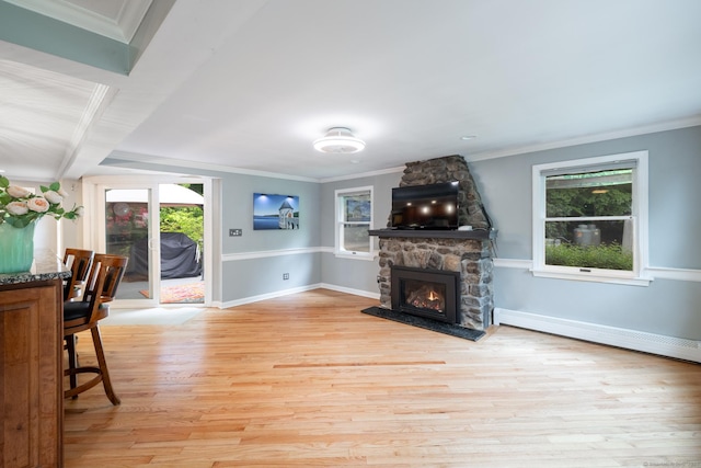 27 Pleasant Valley Rd, Barkhamsted, CT 06063 - living area with a stone fireplace, crown molding, light wood-style floors, baseboard heating, and baseboards