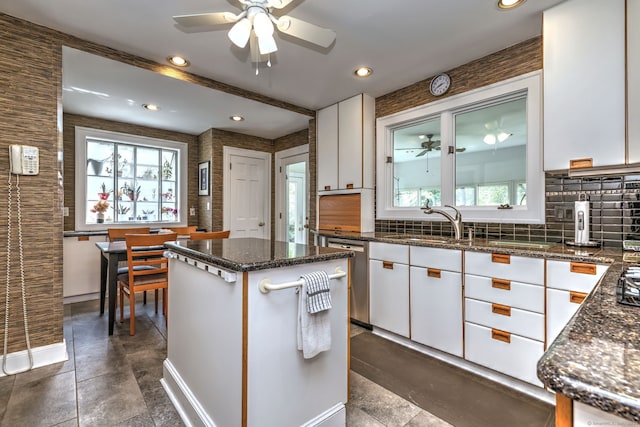 166 Roydon Rd, New Haven, CT 06511 - kitchen featuring ceiling fan, dishwashing machine, white cabinetry, and recessed lighting