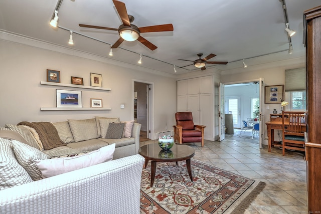 166 Roydon Rd, New Haven, CT 06511 - living room with rail lighting, ceiling fan, and crown molding