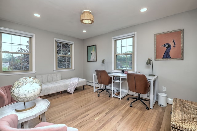 25 Bittersweet Ln, Berlin, CT 06037 - office area featuring light wood-style floors, a baseboard radiator, recessed lighting, and baseboards