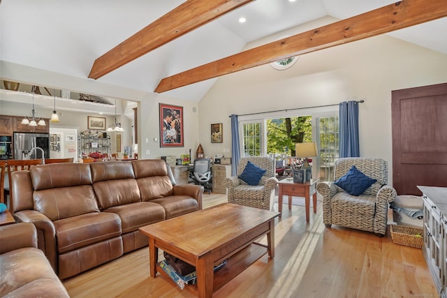 1 Shady Knls, Danbury, CT 06811 - living area featuring beam ceiling, recessed lighting, light wood-type flooring, a chandelier, and high vaulted ceiling