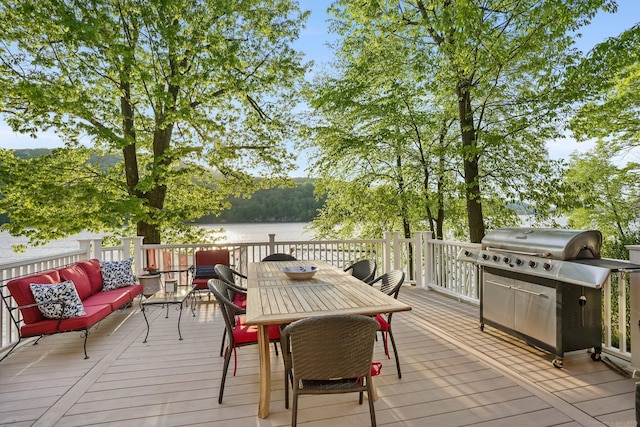 1 Shady Knls, Danbury, CT 06811 - wooden terrace featuring an outdoor living space, a water view, a grill, and outdoor dining area