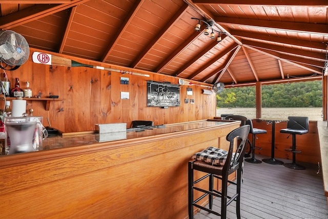 1 Shady Knls, Danbury, CT 06811 - bar with hardwood / wood-style floors, wood ceiling, wooden walls, and plenty of natural light