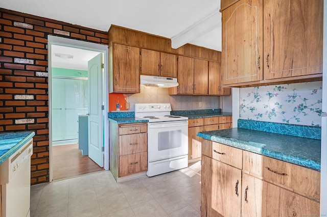75 W Shore Rd, Ellington, CT 06029 - kitchen with white appliances, under cabinet range hood, beamed ceiling, dark countertops, and tasteful backsplash