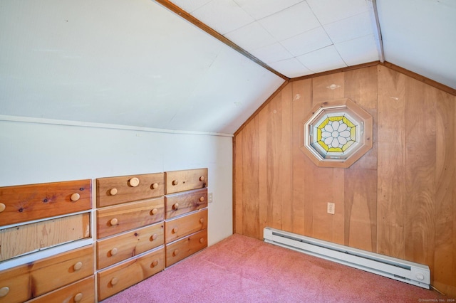 75 W Shore Rd, Ellington, CT 06029 - bonus room with a baseboard heating unit, lofted ceiling, wooden walls, and carpet flooring