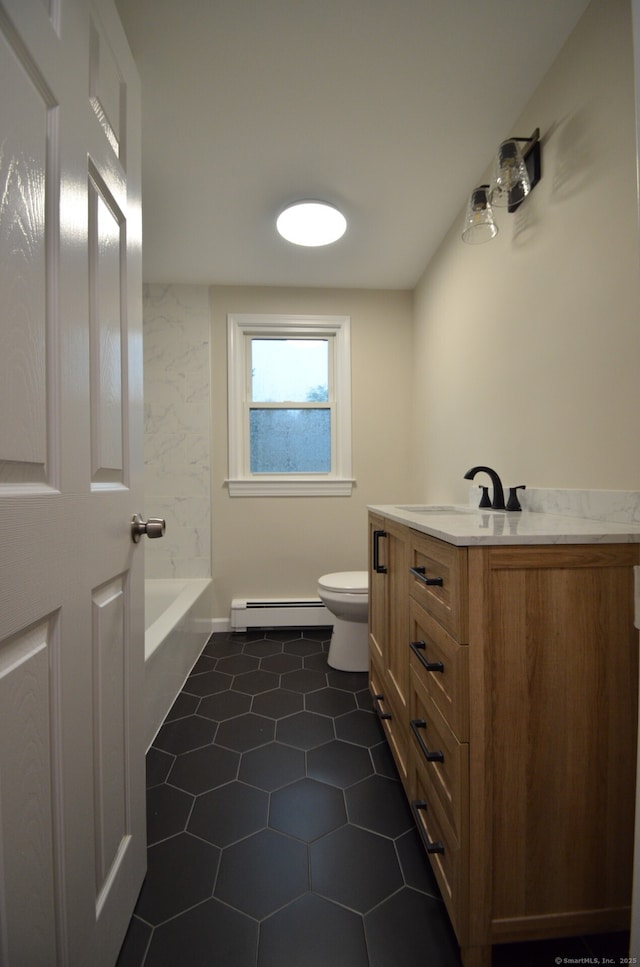 14 Harvest Ln, Bristol, CT 06010 - bathroom featuring baseboard heating, toilet, vanity, a bath, and tile patterned floors