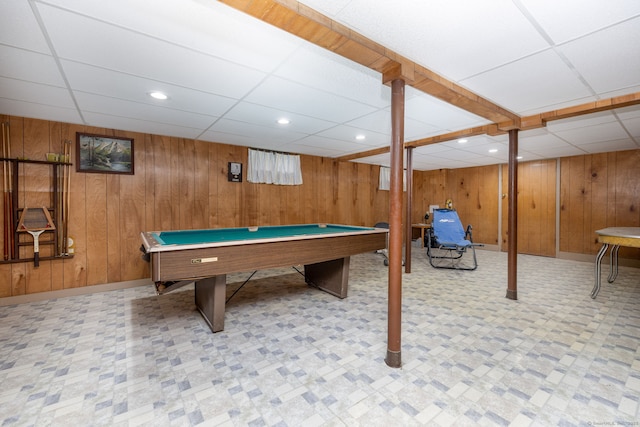 game room featuring billiards, tile patterned floors, wood walls, a drop ceiling, and recessed lighting