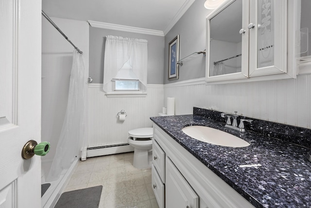 full bathroom with baseboard heating, wainscoting, crown molding, curtained shower, and vanity