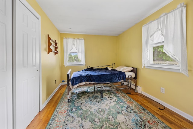 bedroom featuring wood finished floors, multiple windows, and baseboards