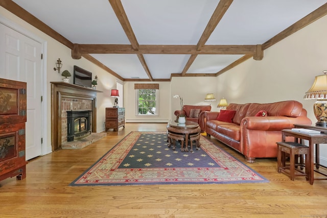 33 Carrington Dr, Stamford, CT 06831 - living room featuring wood finished floors, beam ceiling, and coffered ceiling