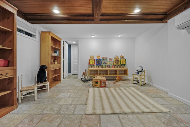 33 Carrington Dr, Stamford, CT 06831 - basement featuring stone tile flooring, a wall mounted AC, wooden ceiling, and recessed lighting
