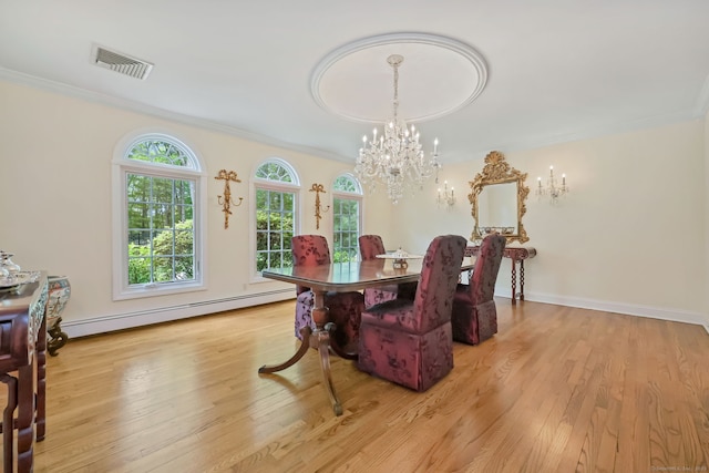 33 Carrington Dr, Stamford, CT 06831 - dining area with a baseboard heating unit, ornamental molding, a chandelier, and wood finished floors