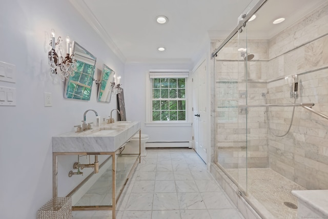 33 Carrington Dr, Stamford, CT 06831 - bathroom with a baseboard radiator, ornamental molding, a stall shower, vanity, and marble look tile flooring
