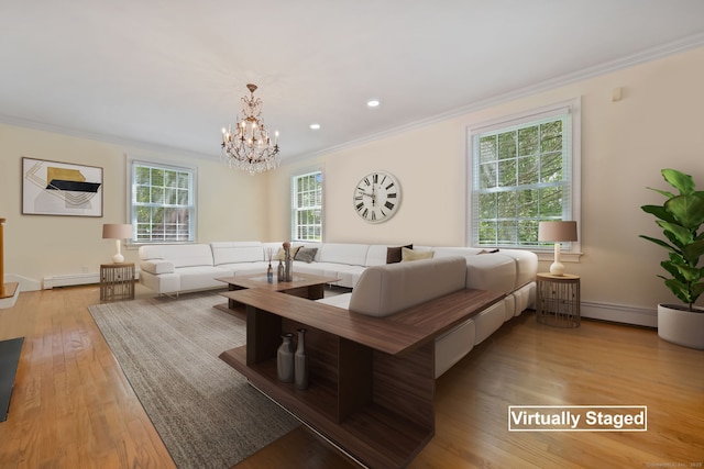 33 Carrington Dr, Stamford, CT 06831 - living room featuring ornamental molding, a baseboard heating unit, wood finished floors, a chandelier, and recessed lighting