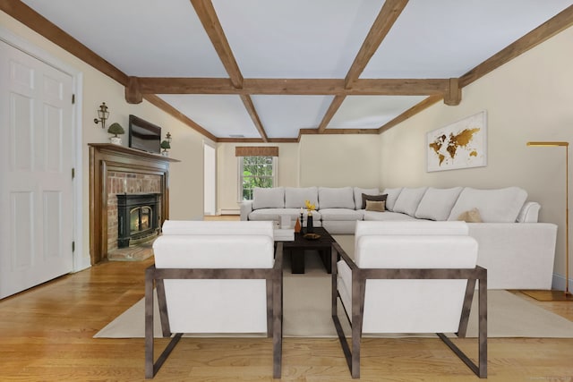 33 Carrington Dr, Stamford, CT 06831 - living room featuring coffered ceiling, beam ceiling, and light wood-style floors