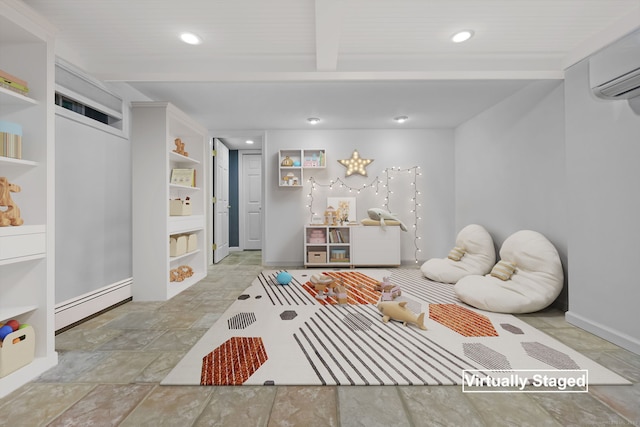33 Carrington Dr, Stamford, CT 06831 - playroom featuring a baseboard heating unit, a wall unit AC, beam ceiling, built in features, and stone finish floors