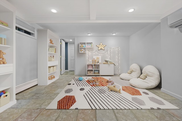 33 Carrington Dr, Stamford, CT 06831 - rec room with a baseboard heating unit, a wall mounted AC, beam ceiling, stone finish flooring, and built in features